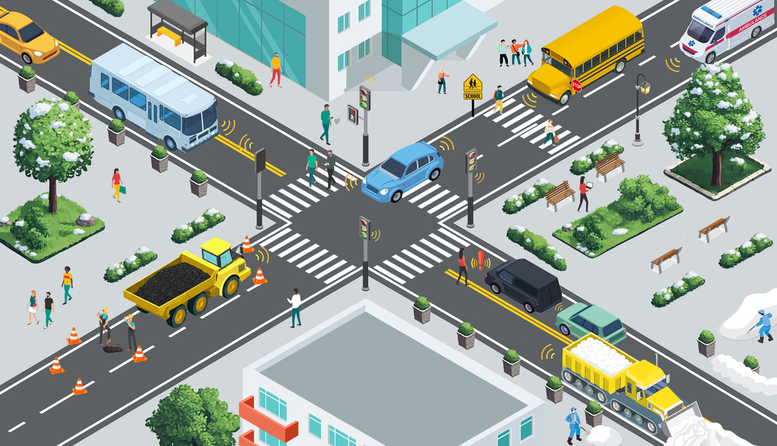 Intersection illustration showing V2X technology applications